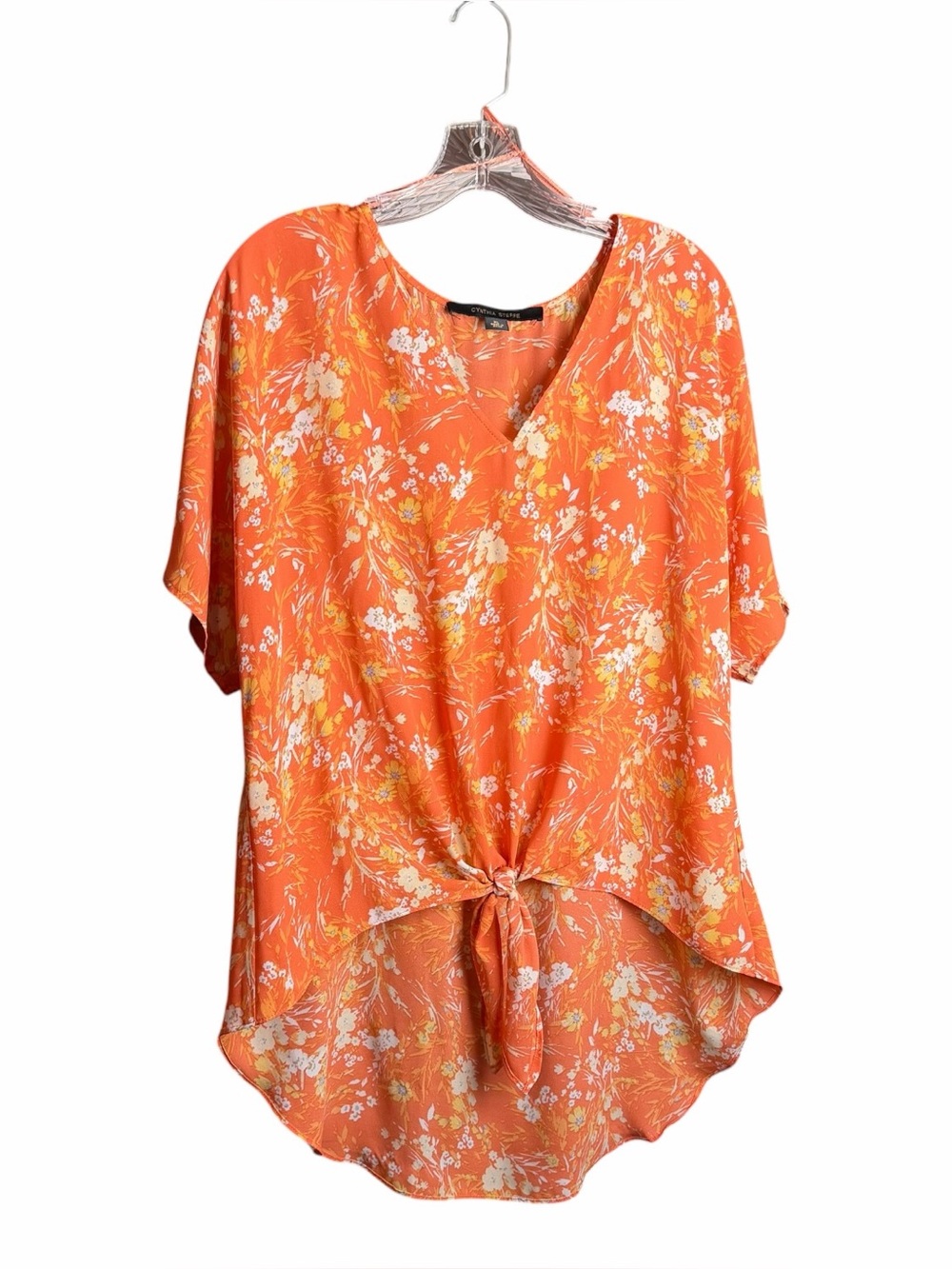 Womens Size XL Short Sleeve Blouse By Cynthia Steffe High Low Hem Tie Orange